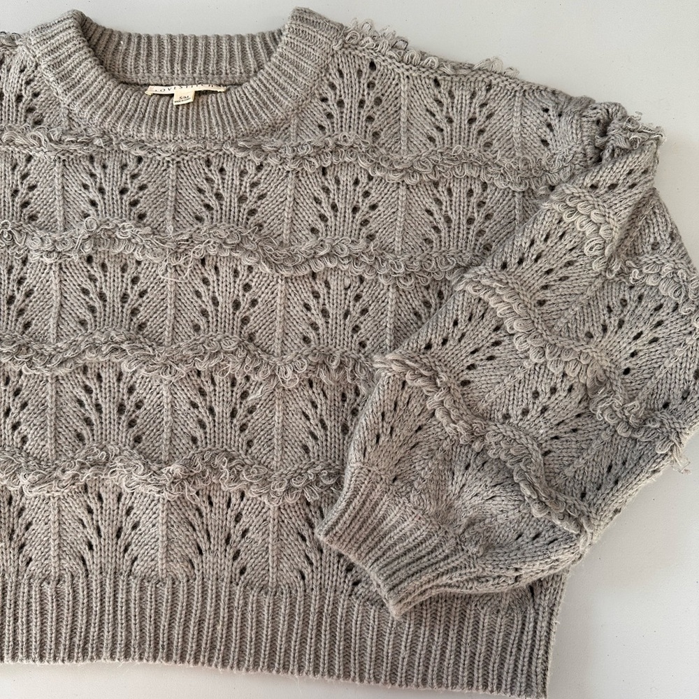 Lovestitch Gray Crew Neck Sweater with Intricate Lace Pattern